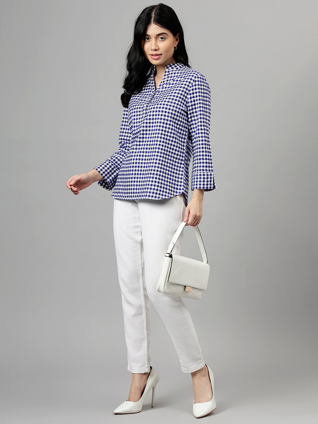 Women Blue & White Gingham Checked Pure Cotton Regular Fit Formal Top