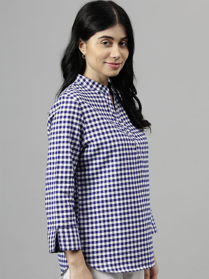 Women Blue & White Gingham Checked Pure Cotton Regular Fit Formal Top