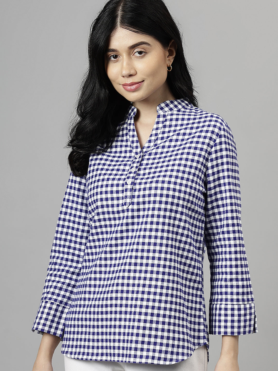 Women Blue & White Gingham Checked Pure Cotton Regular Fit Formal Top