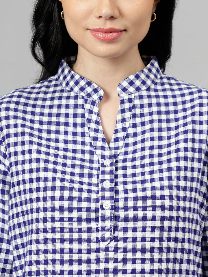 Women Blue & White Gingham Checked Pure Cotton Regular Fit Formal Top