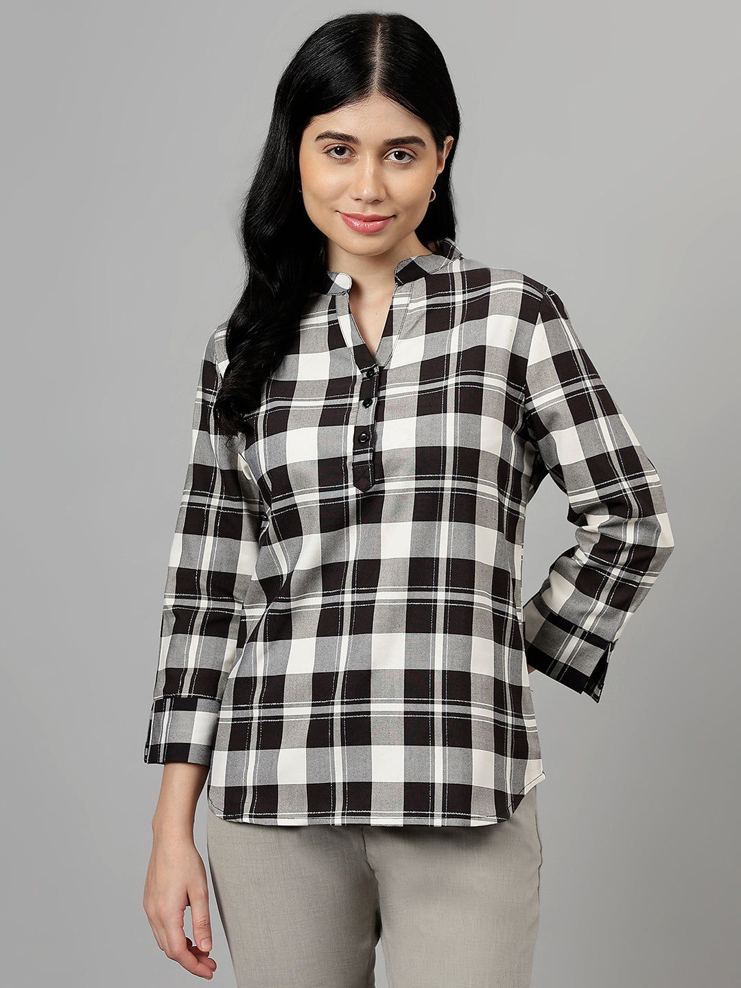 Women Black & Grey Tartan Flannel Checked Pure Cotton Regular Fit Formal Top