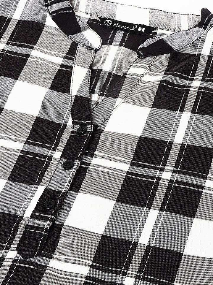Women Black & Grey Tartan Flannel Checked Pure Cotton Regular Fit Formal Top
