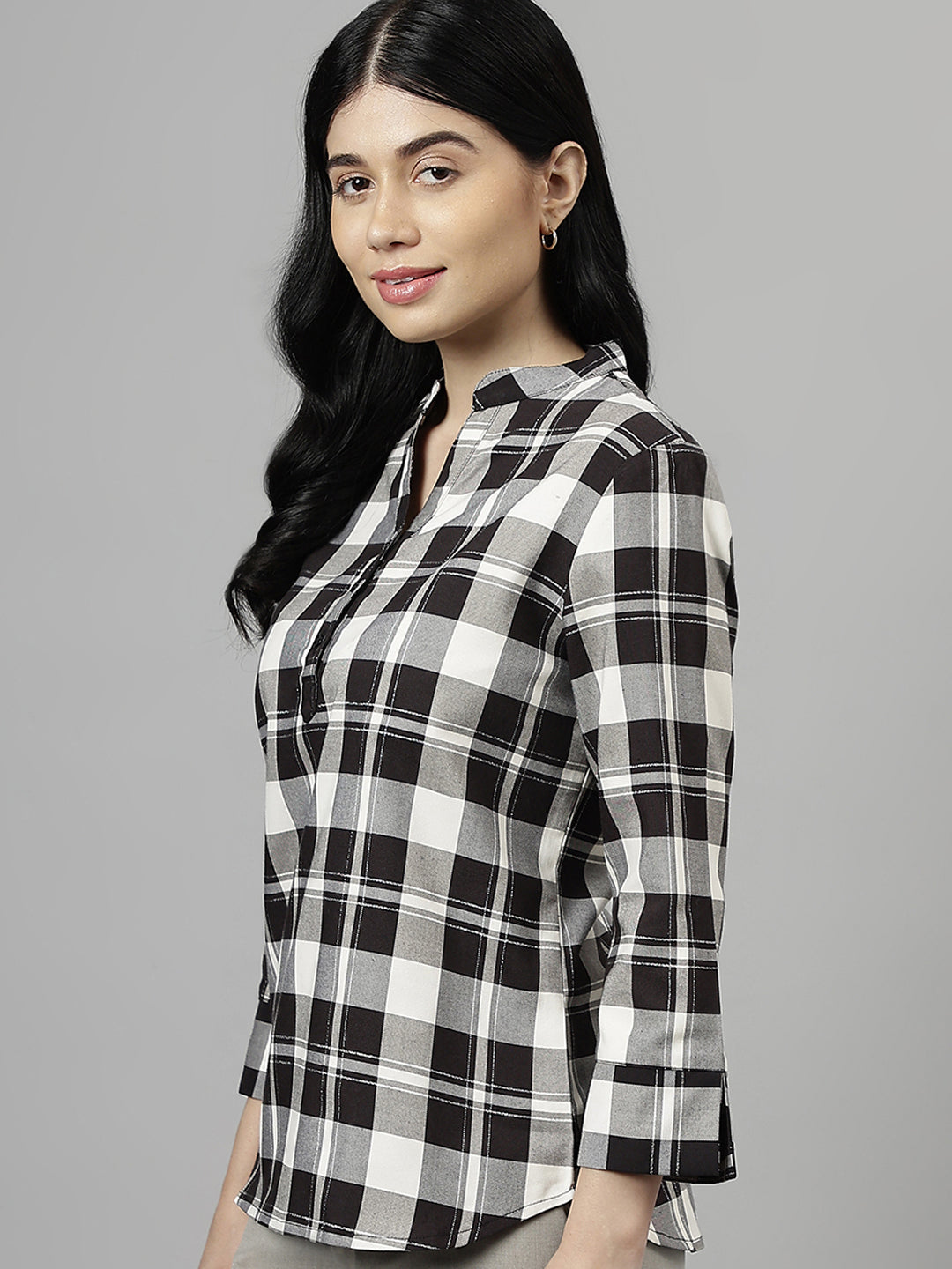 Women Black & Grey Tartan Flannel Checked Pure Cotton Regular Fit Formal Top