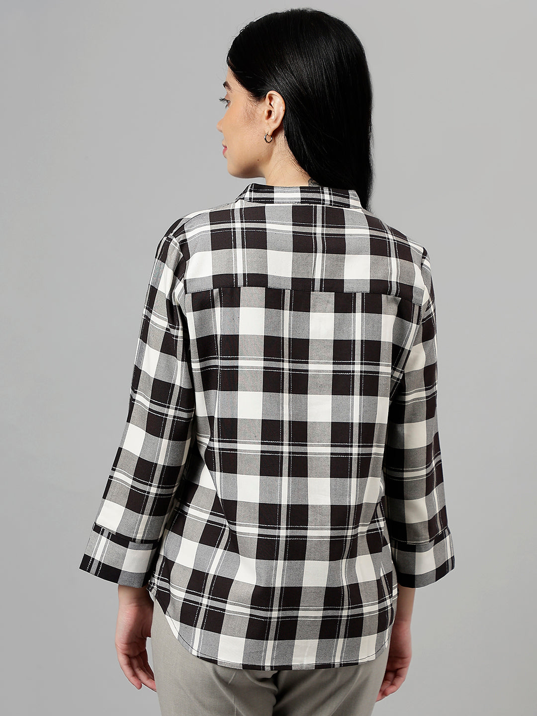 Women Black & Grey Tartan Flannel Checked Pure Cotton Regular Fit Formal Top