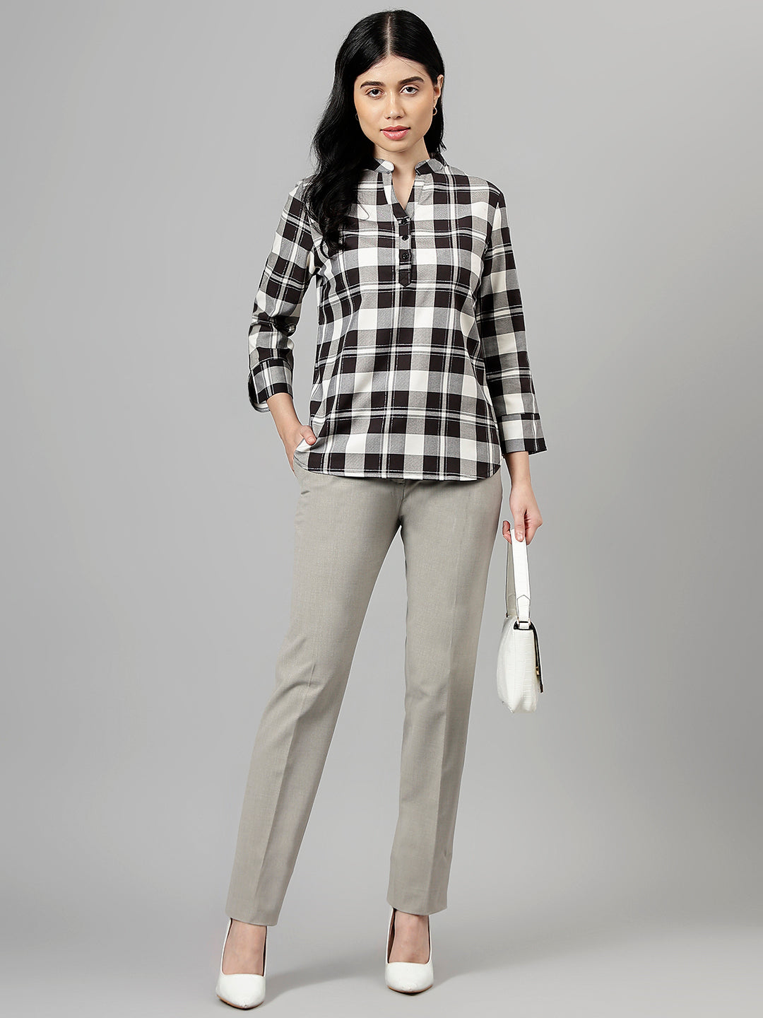 Women Black & Grey Tartan Flannel Checked Pure Cotton Regular Fit Formal Top