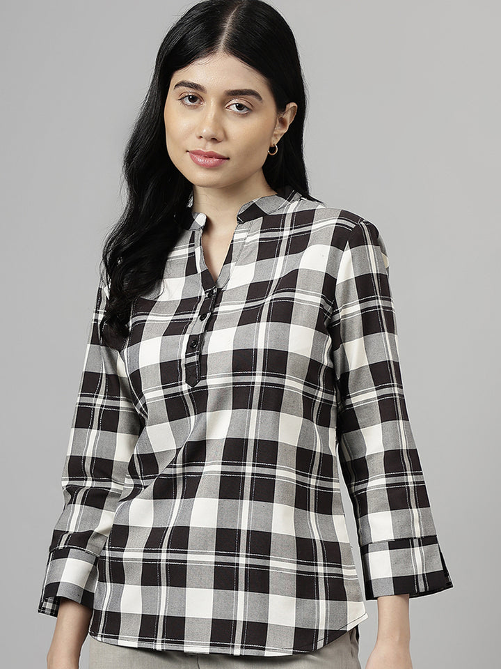 Women Black & Grey Tartan Flannel Checked Pure Cotton Regular Fit Formal Top