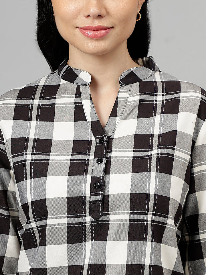 Women Black & Grey Tartan Flannel Checked Pure Cotton Regular Fit Formal Top