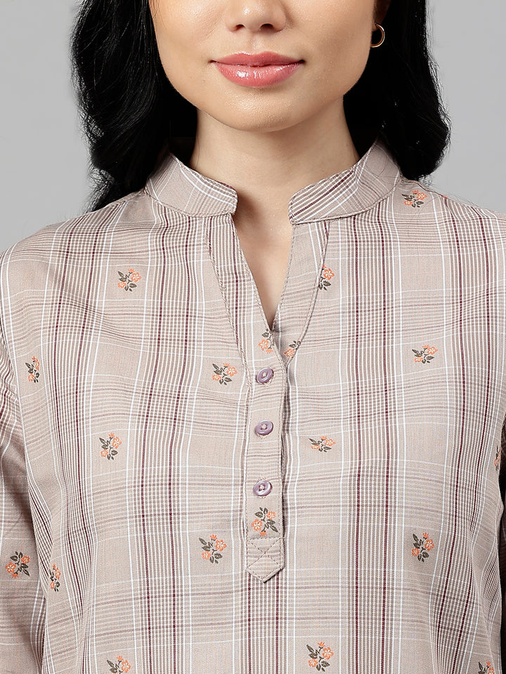 Women Brown Checked & Self Design  Pure Cotton Regular Fit Formal Top