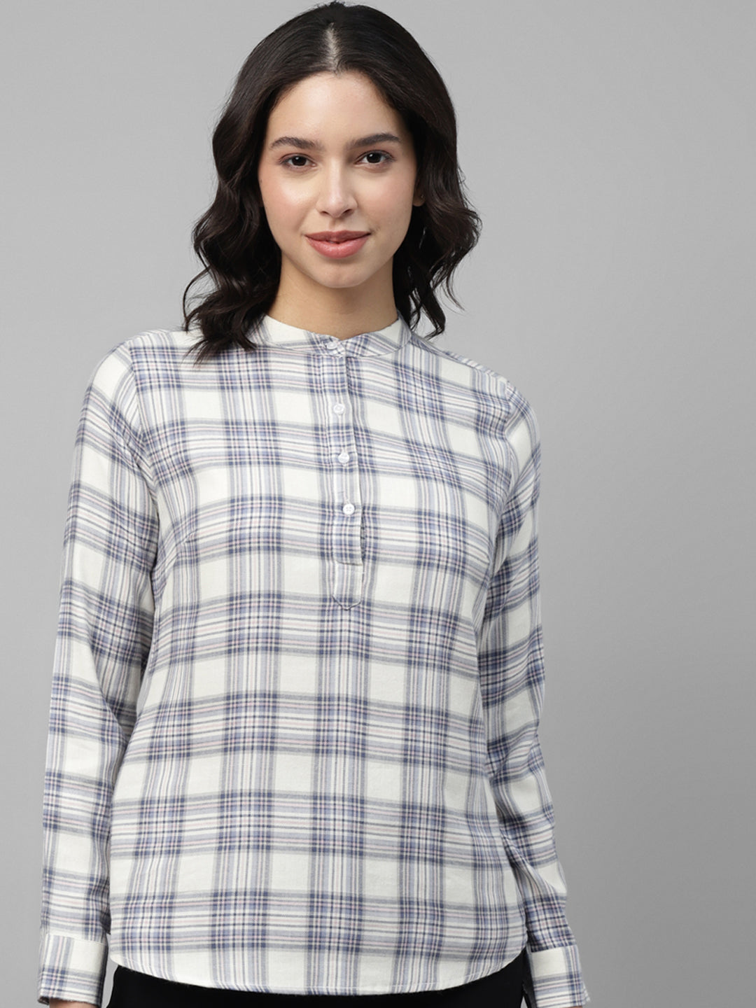 Women, Beige & Blue, Tartan Checked, Pure Cotton, Mandarin Collar, Regular Fit, Formal Top