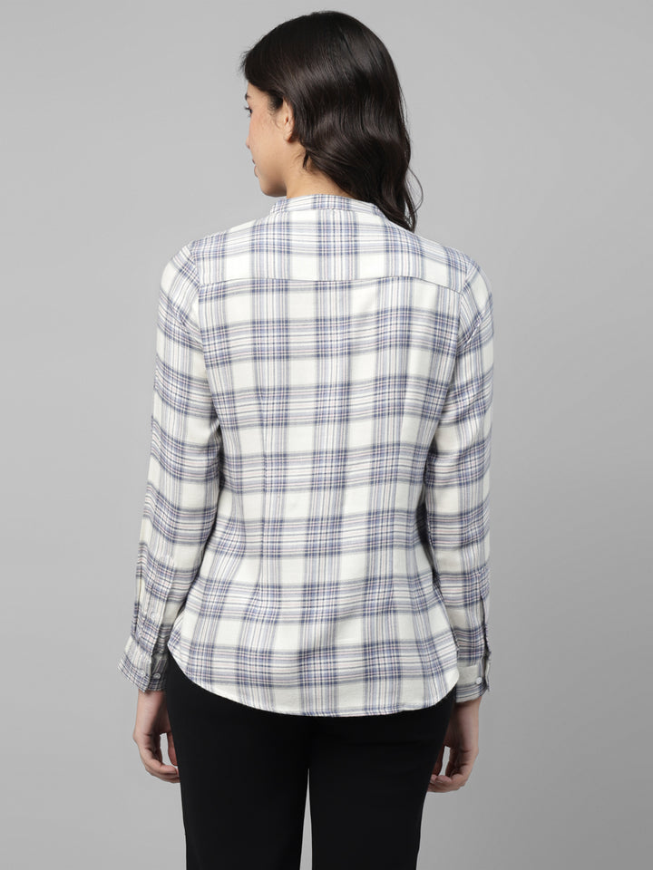 Women, Beige & Blue, Tartan Checked, Pure Cotton, Mandarin Collar, Regular Fit, Formal Top