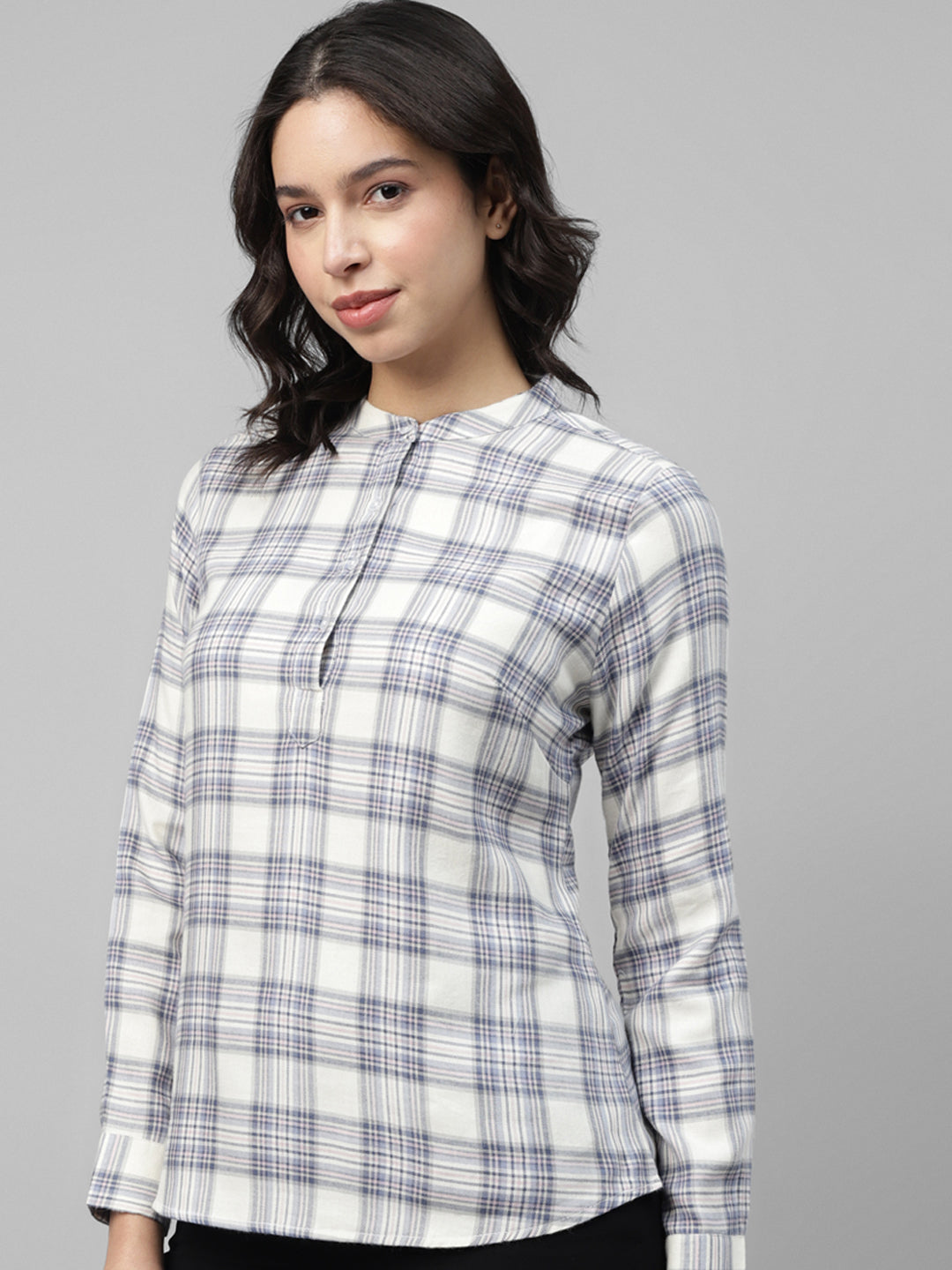 Women, Beige & Blue, Tartan Checked, Pure Cotton, Mandarin Collar, Regular Fit, Formal Top