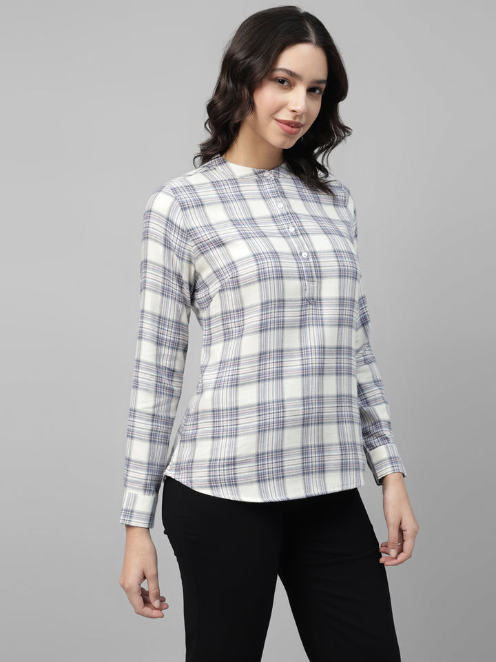 Women, Beige & Blue, Tartan Checked, Pure Cotton, Mandarin Collar, Regular Fit, Formal Top