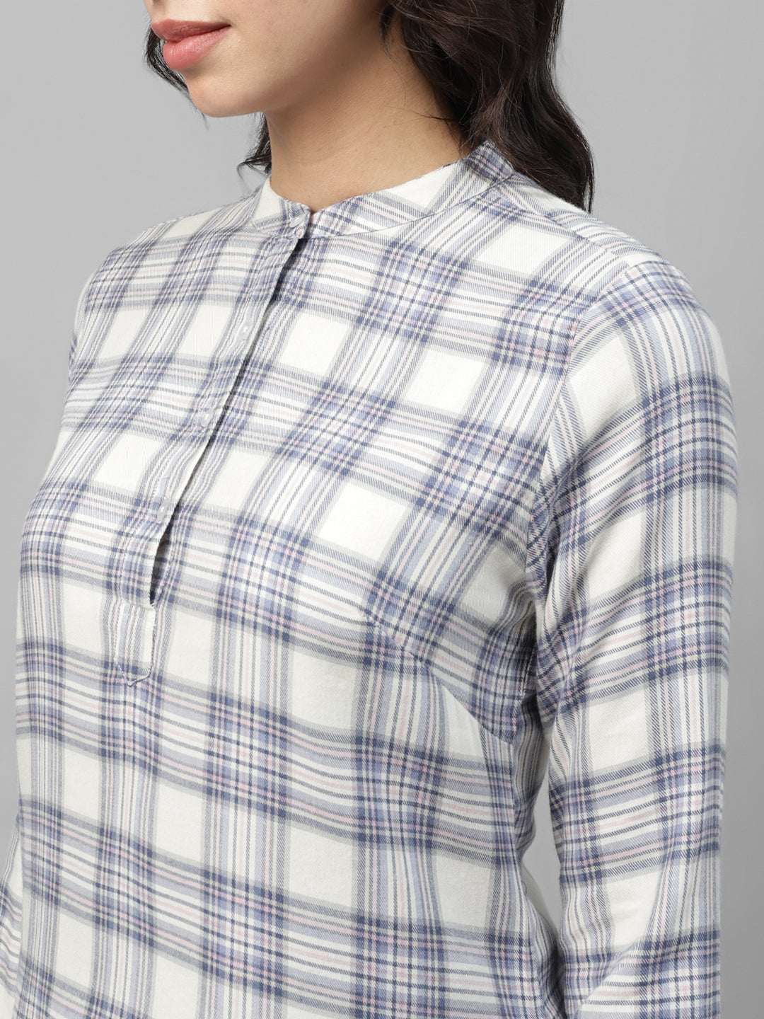 Women, Beige & Blue, Tartan Checked, Pure Cotton, Mandarin Collar, Regular Fit, Formal Top