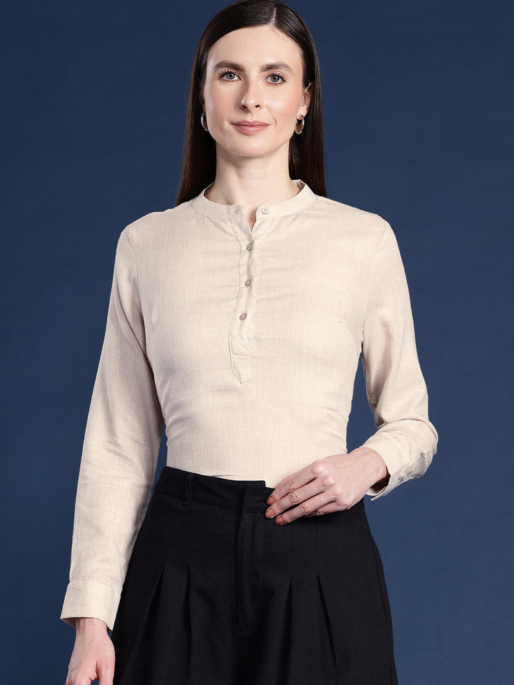 Hancock Women Beige Solid Pure Cotton Regular Fit Formal Top