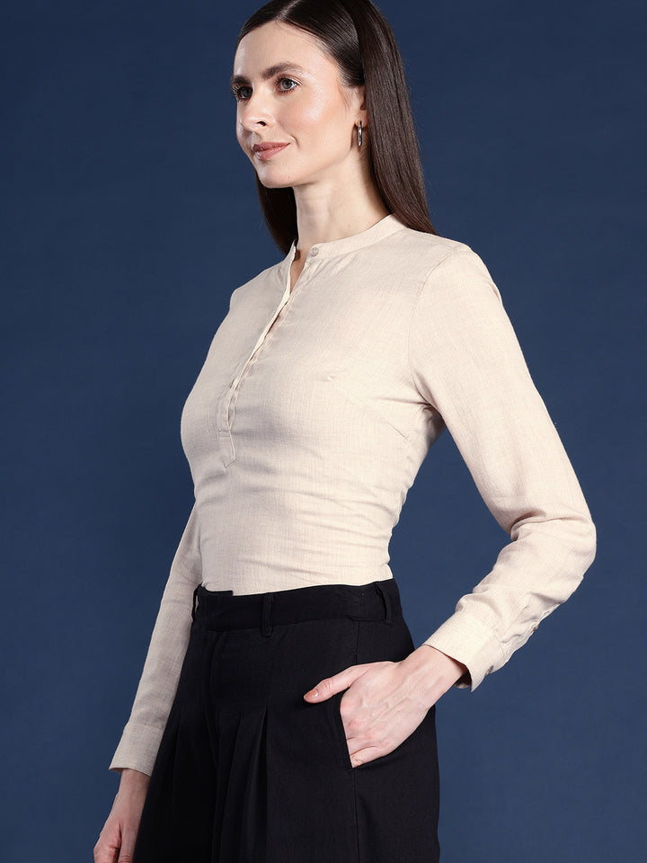 Hancock Women Beige Solid Pure Cotton Regular Fit Formal Top