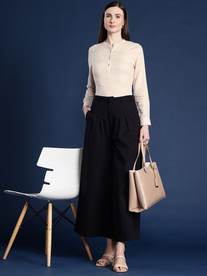 Hancock Women Beige Solid Pure Cotton Regular Fit Formal Top