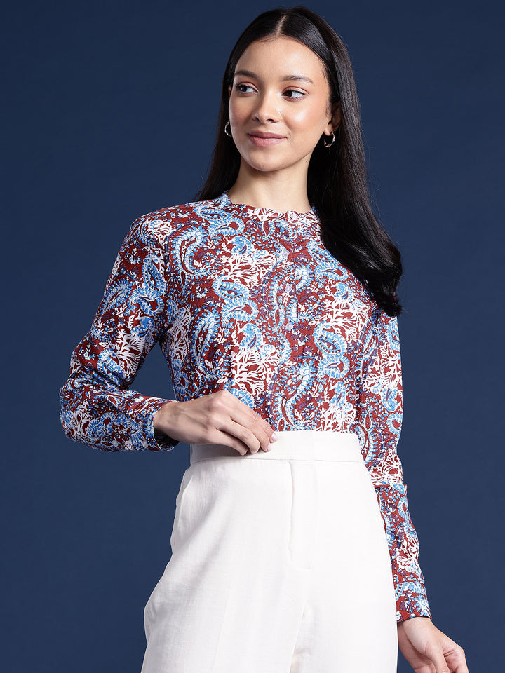 Hancock Women Rust & Blue Printed Pure Cotton Regular Fit Formal Top