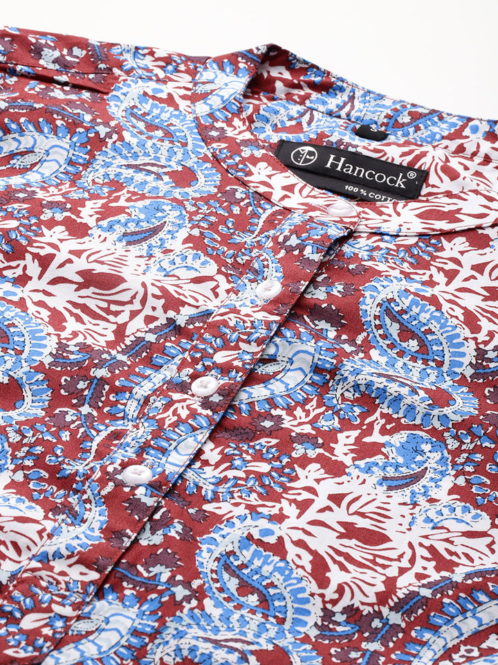 Hancock Women Rust & Blue Printed Pure Cotton Regular Fit Formal Top