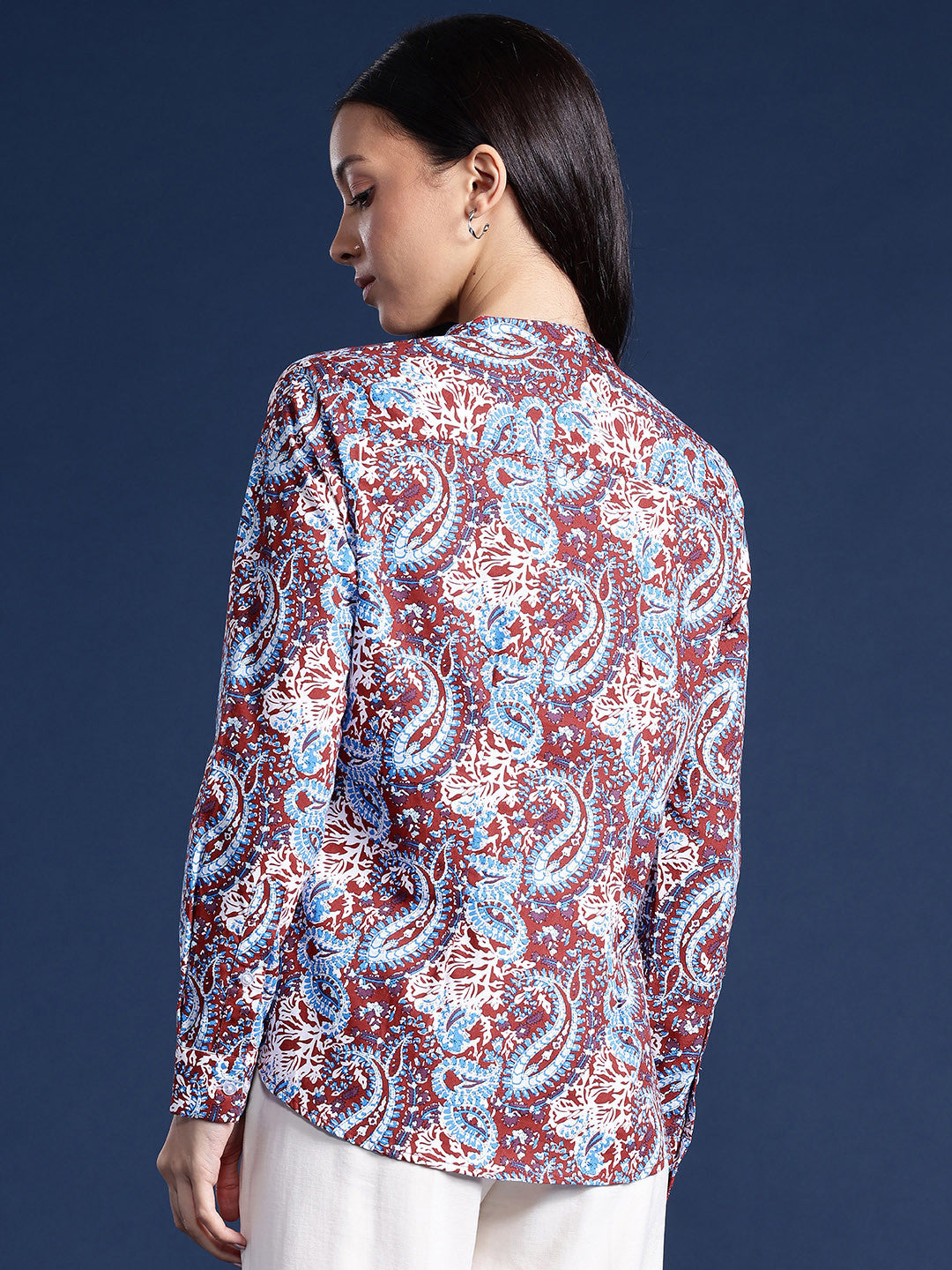 Hancock Women Rust & Blue Printed Pure Cotton Regular Fit Formal Top