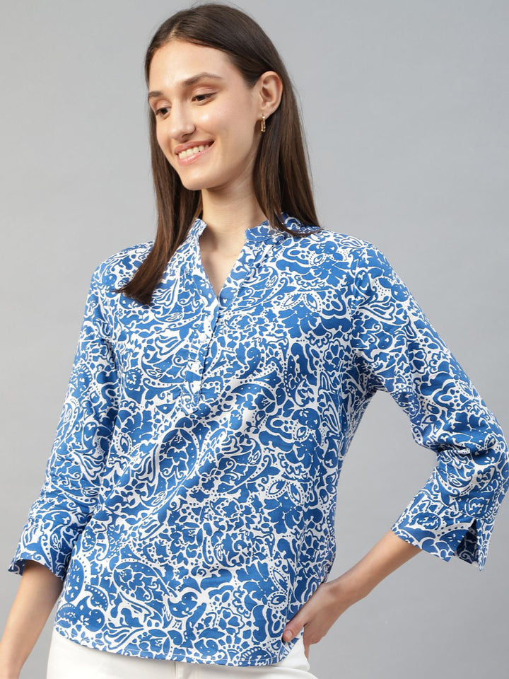 Hancock Women Blue & White Printed Pure Cotton Regular Fit Formal Top