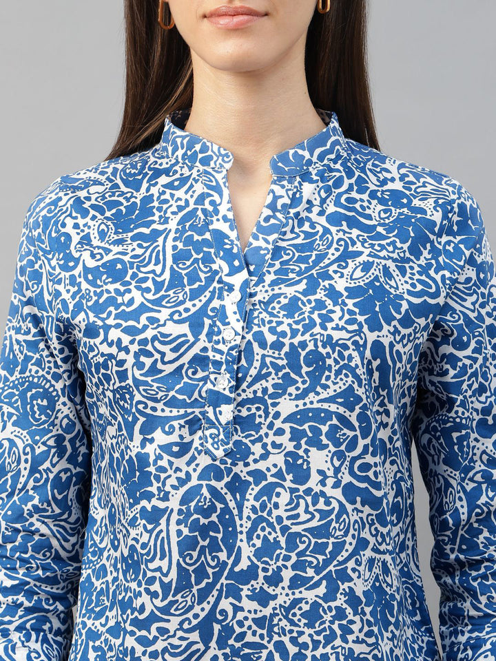 Hancock Women Blue & White Printed Pure Cotton Regular Fit Formal Top