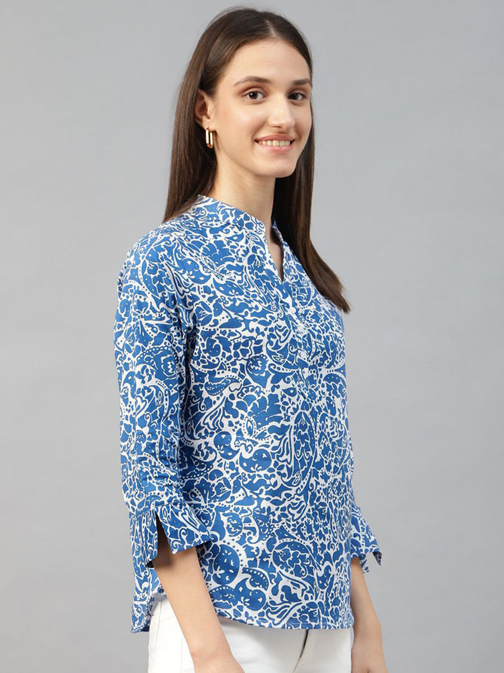 Hancock Women Blue & White Printed Pure Cotton Regular Fit Formal Top