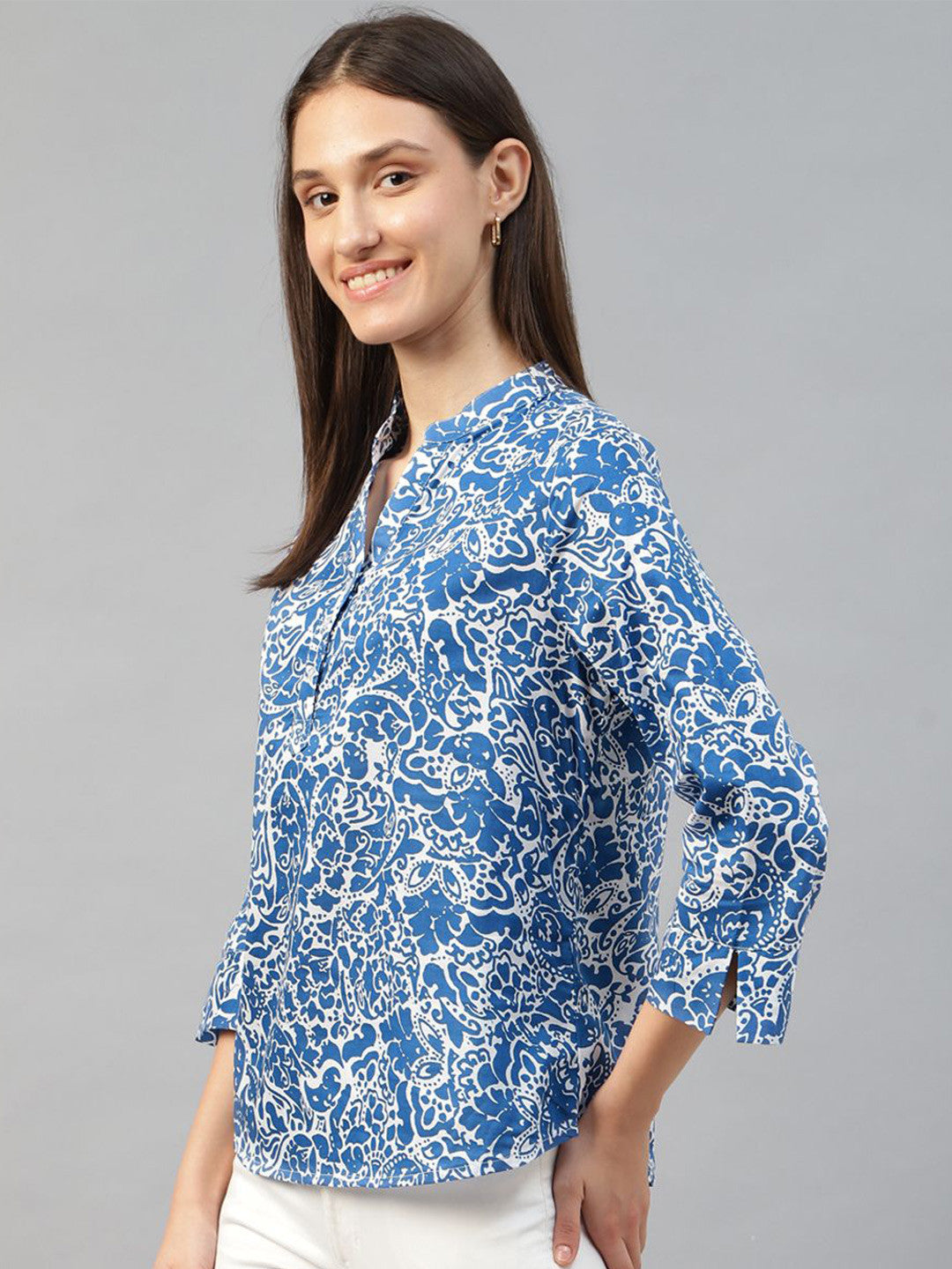 Hancock Women Blue & White Printed Pure Cotton Regular Fit Formal Top