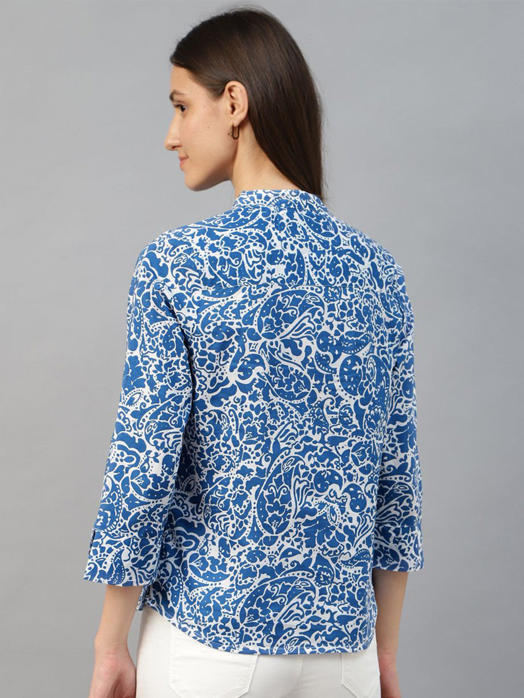 Hancock Women Blue & White Printed Pure Cotton Regular Fit Formal Top