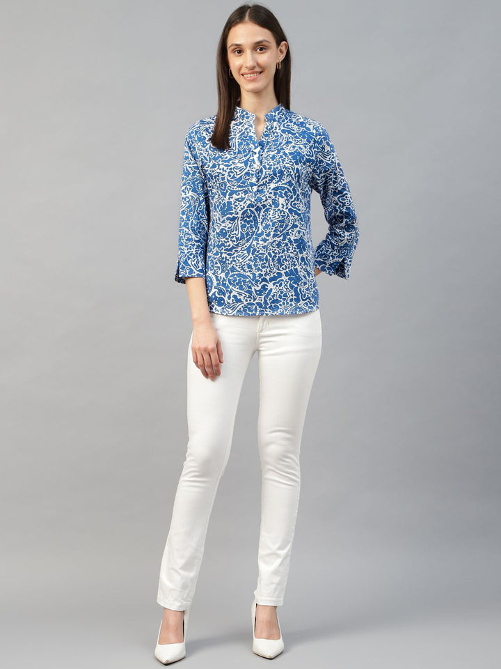 Hancock Women Blue & White Printed Pure Cotton Regular Fit Formal Top