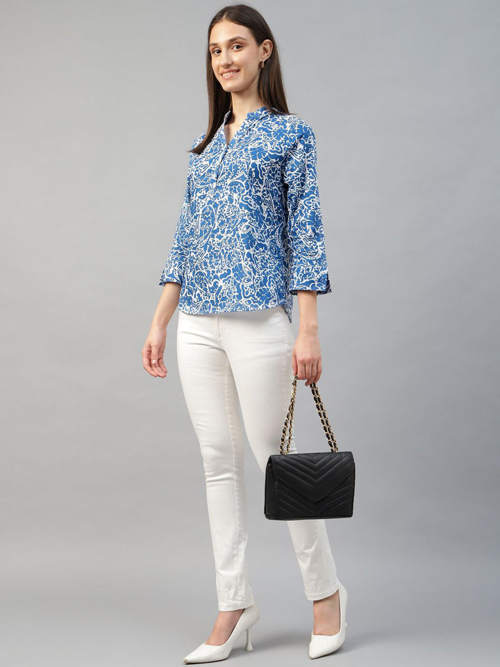 Hancock Women Blue & White Printed Pure Cotton Regular Fit Formal Top