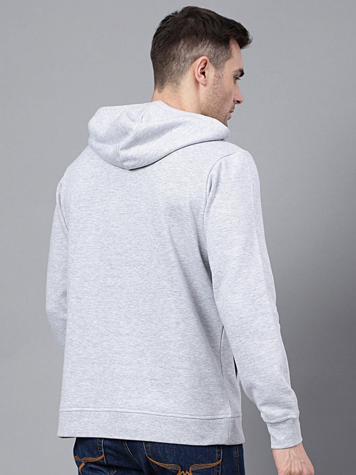 Men Melange Grey Solid Half Button Placket Long Sleeves Fleece Hooded Sweatshirt