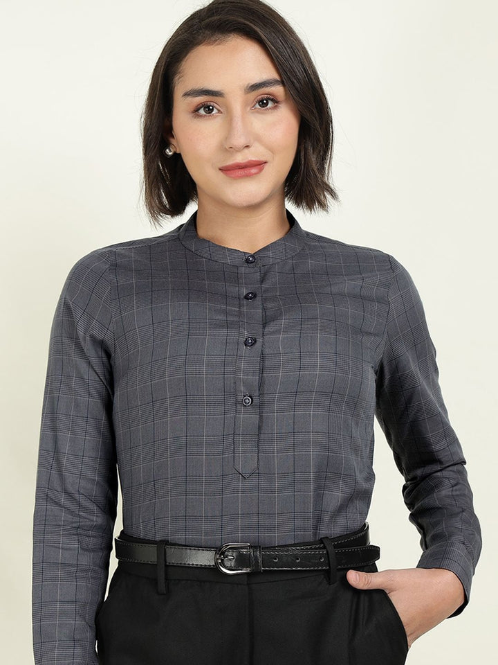 Hancock Women Grey Checked Regular Fit Tencel Formal Top