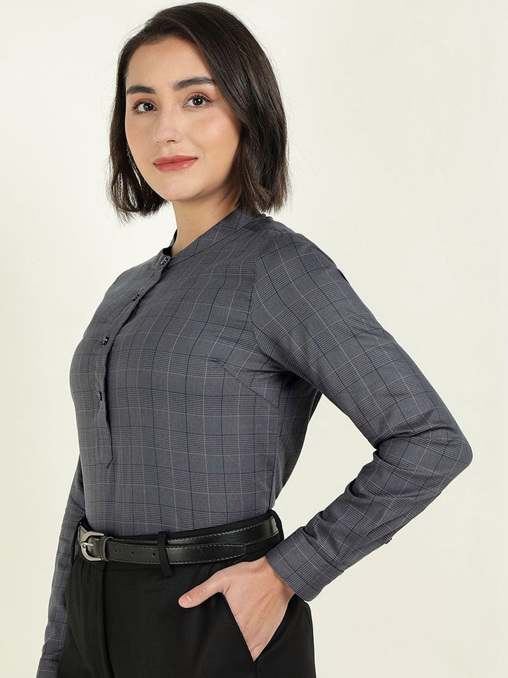 Hancock Women Grey Checked Regular Fit Tencel Formal Top