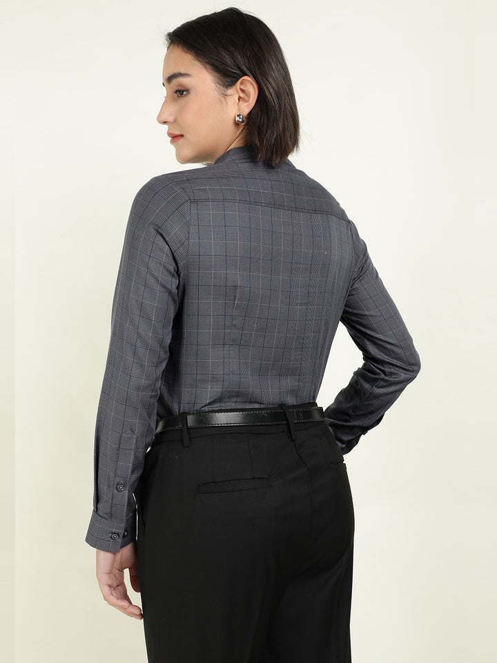 Hancock Women Grey Checked Regular Fit Tencel Formal Top