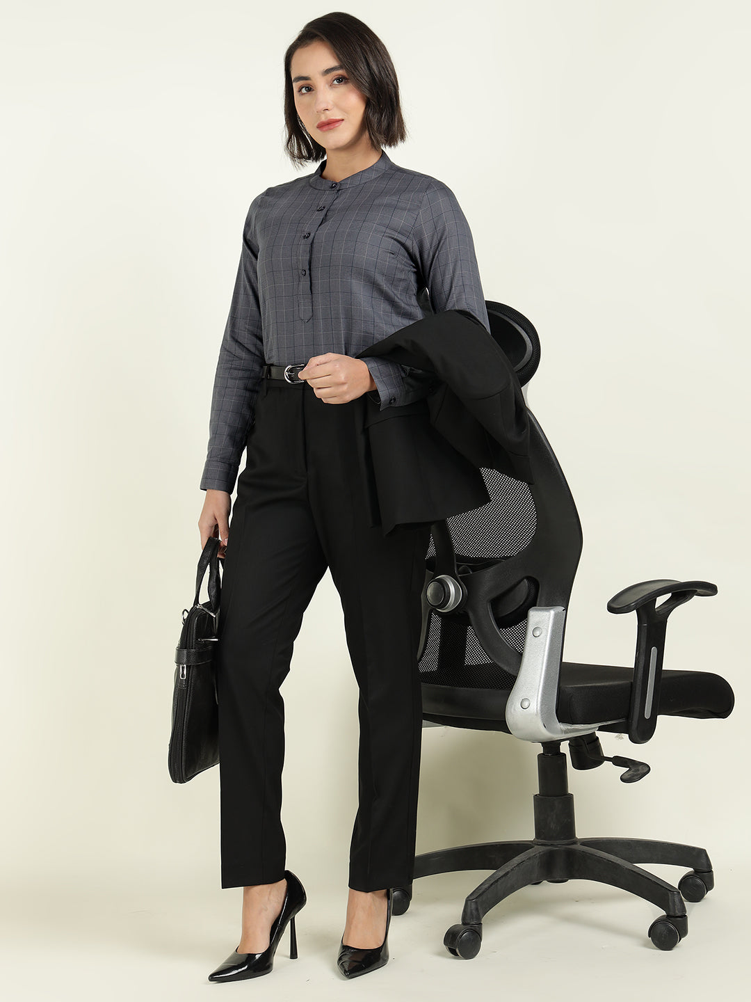 Hancock Women Grey Checked Regular Fit Tencel Formal Top