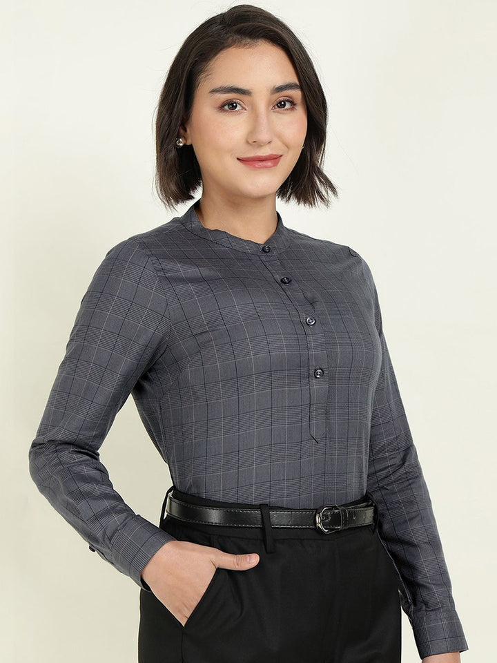 Hancock Women Grey Checked Regular Fit Tencel Formal Top