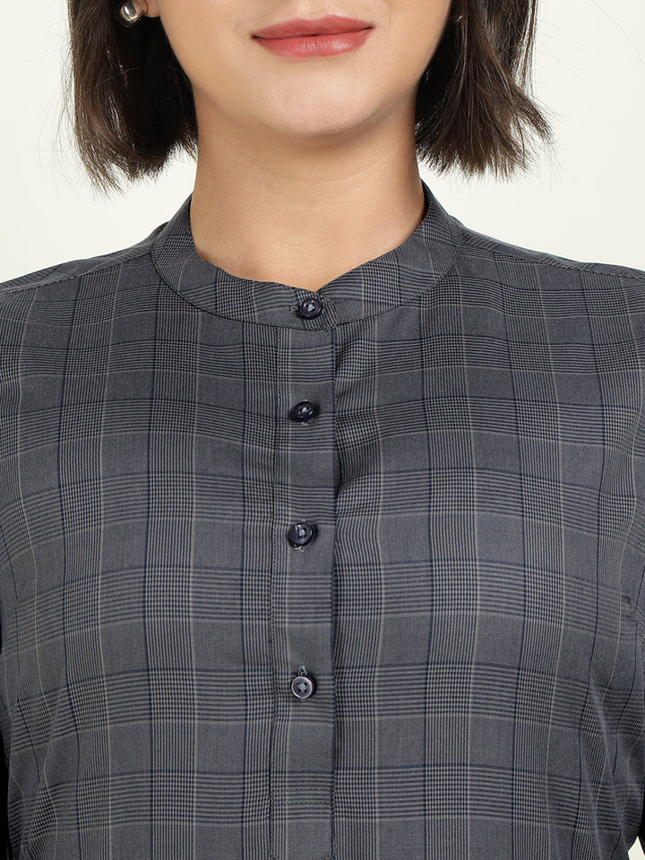 Hancock Women Grey Checked Regular Fit Tencel Formal Top