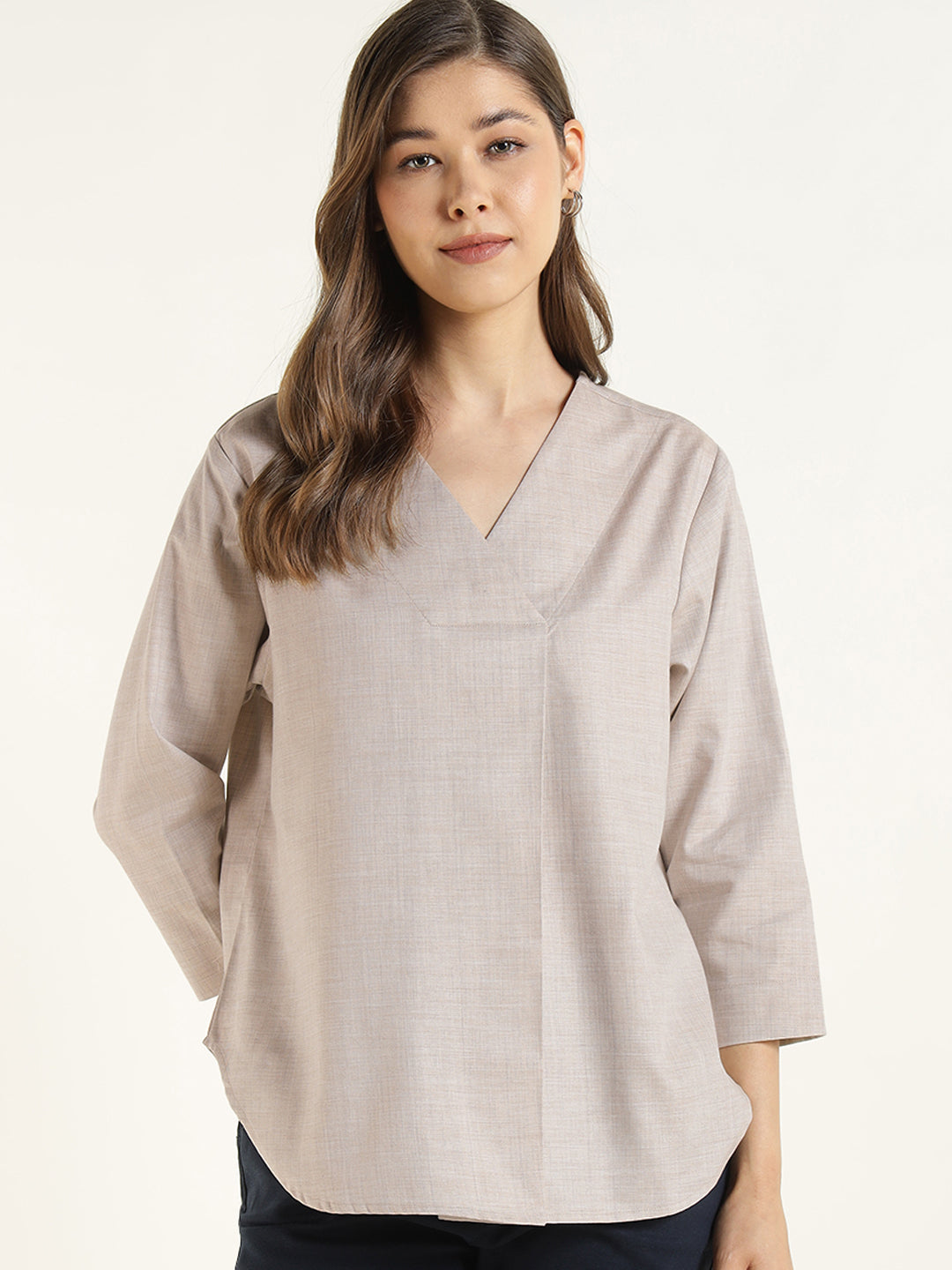 Hancock  Women  Beige  Solid  Pure Cotton  Regular Fit  Formal  Top