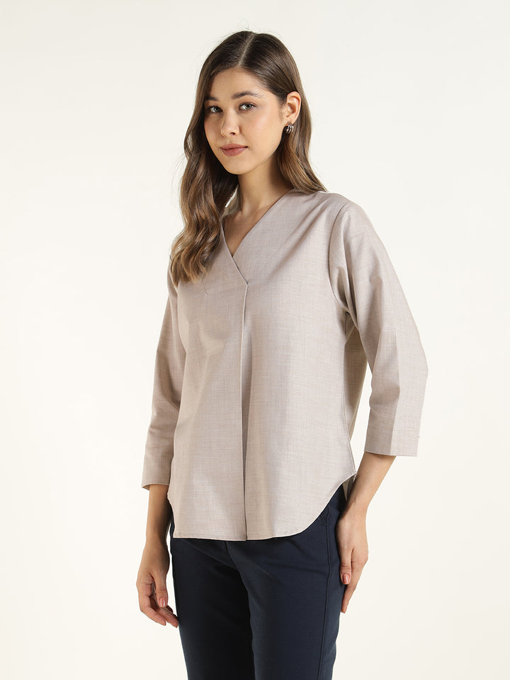 Hancock  Women  Beige  Solid  Pure Cotton  Regular Fit  Formal  Top