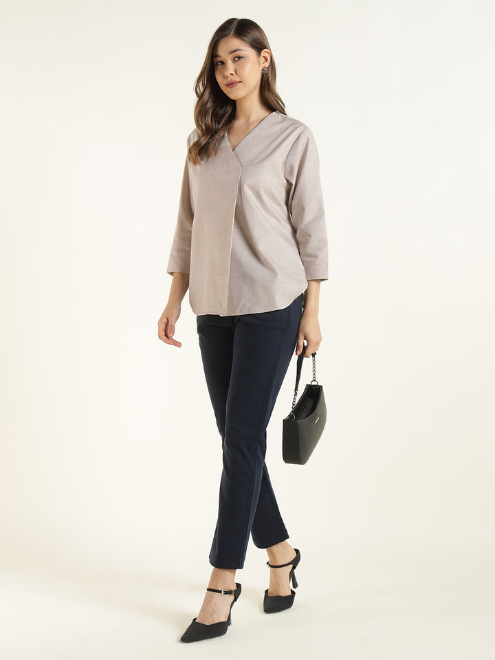 Hancock  Women  Beige  Solid  Pure Cotton  Regular Fit  Formal  Top