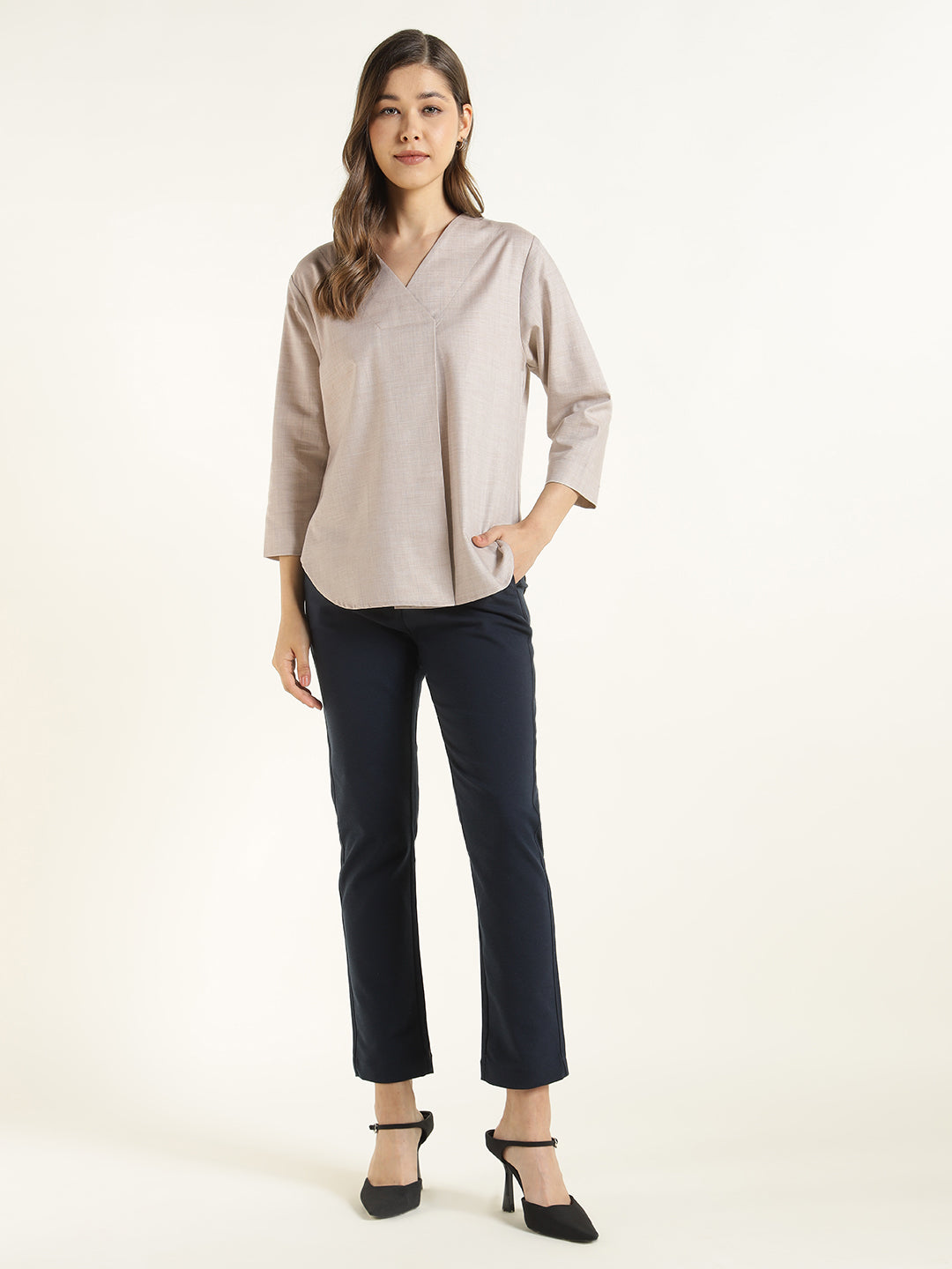 Hancock  Women  Beige  Solid  Pure Cotton  Regular Fit  Formal  Top