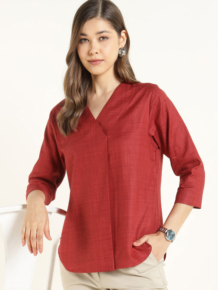 Hancock  Women  Maroon  Solid  Pure Cotton  Regular Fit  Formal  Top
