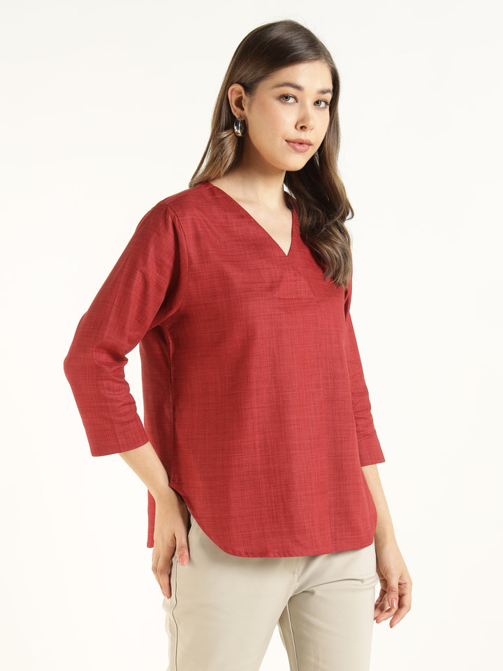 Hancock  Women  Maroon  Solid  Pure Cotton  Regular Fit  Formal  Top