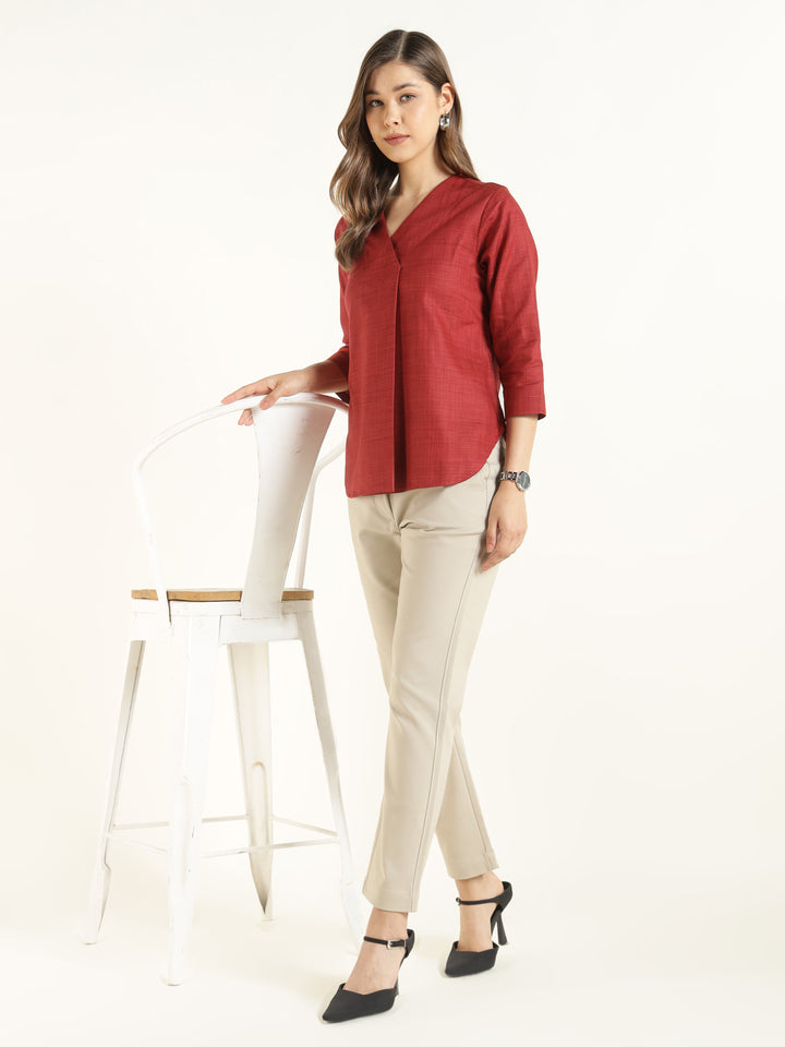 Hancock  Women  Maroon  Solid  Pure Cotton  Regular Fit  Formal  Top