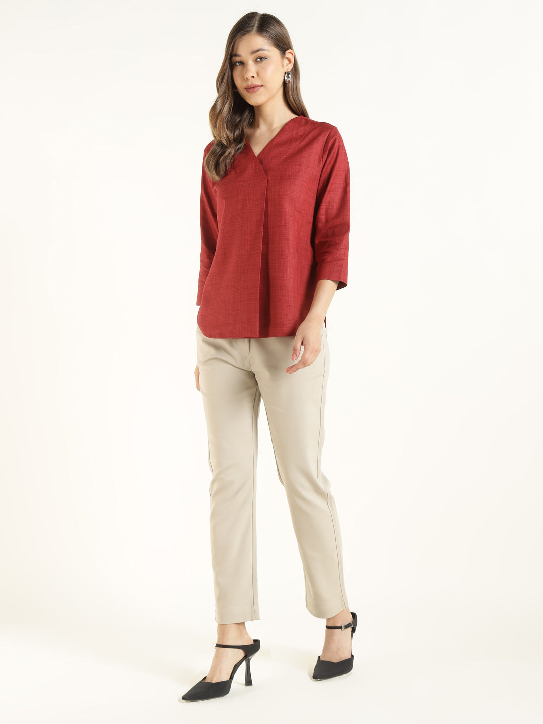 Hancock  Women  Maroon  Solid  Pure Cotton  Regular Fit  Formal  Top