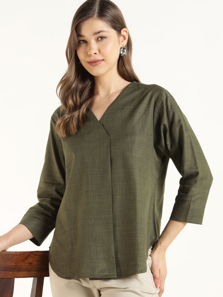 Hancock  Women  Olive  Solid  Pure Cotton  Regular Fit  Formal  Top
