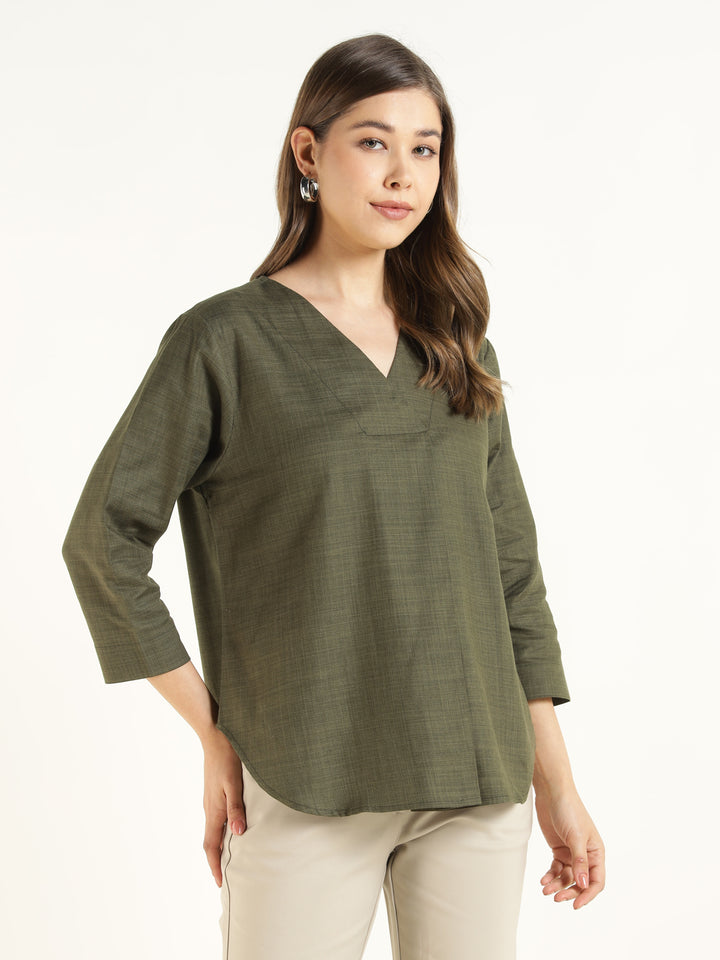 Hancock  Women  Olive  Solid  Pure Cotton  Regular Fit  Formal  Top