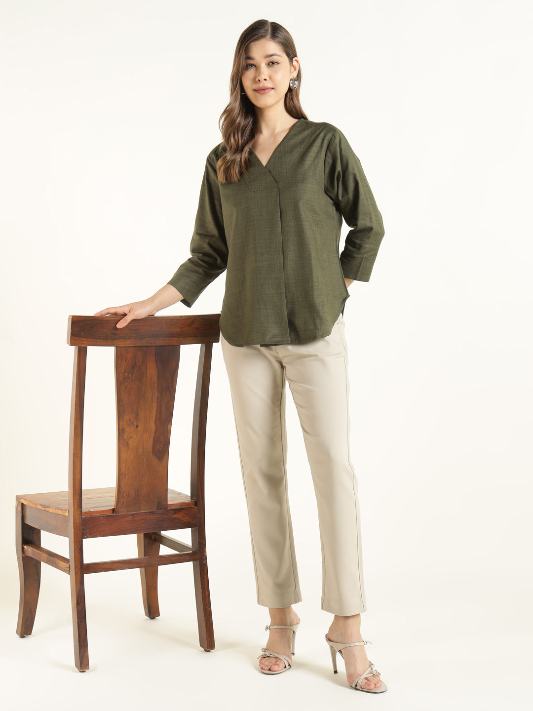 Hancock  Women  Olive  Solid  Pure Cotton  Regular Fit  Formal  Top
