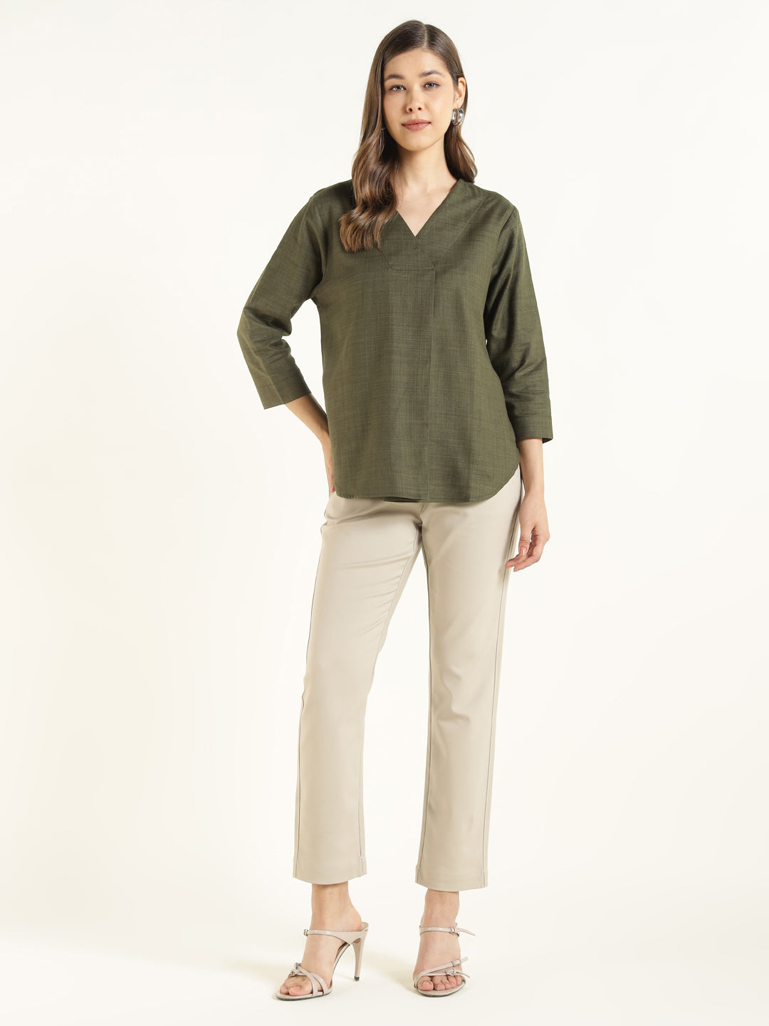 Hancock  Women  Olive  Solid  Pure Cotton  Regular Fit  Formal  Top