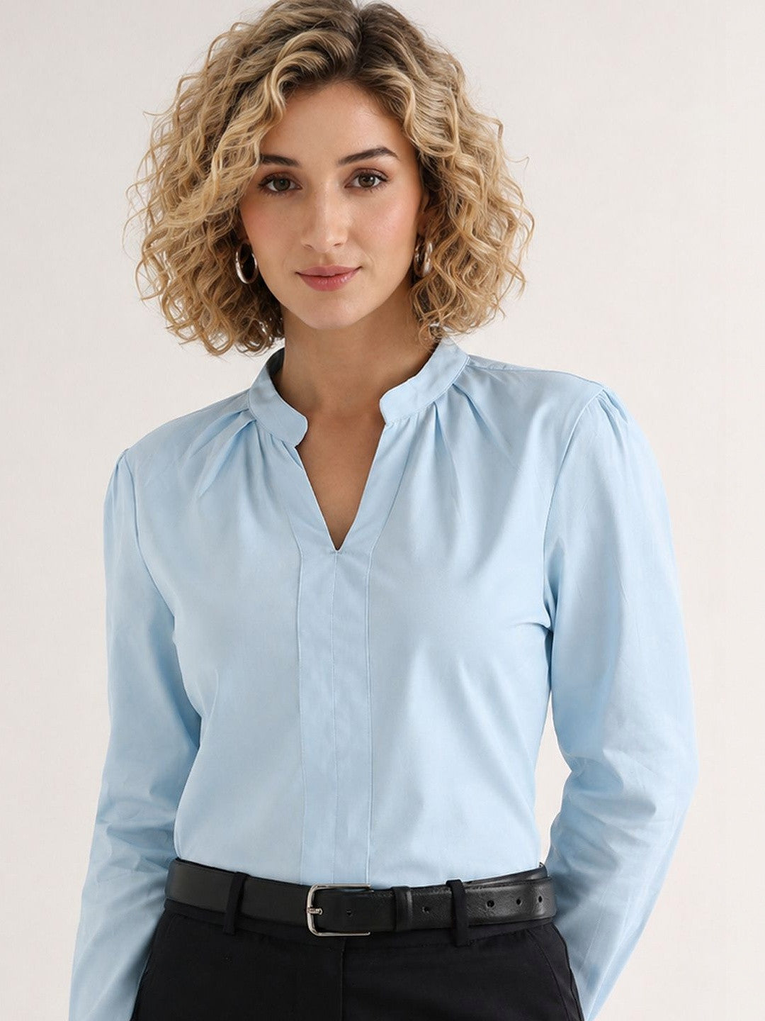 Hancock   Women   Sky Blue   Solids   Pure Cotton   Regular Fit   Formal   Top